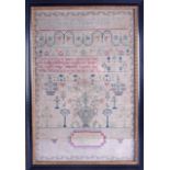 A FINE 18TH/19TH CENTURY FRAMED ENGLISH SAMPLER decorated with urns of flowers, birds and various