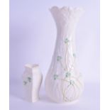 TWO BELEEK PORCELAIN VASES. 26 cm & 10 cm high. (2)