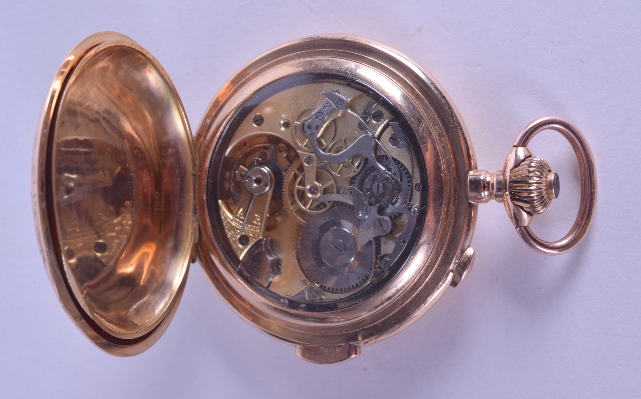 AN ANTIQUE 14CT YELLOW GOLD REPEATING POCKET WATCH with subsidiary dial and black numerals. 124 - Image 3 of 3