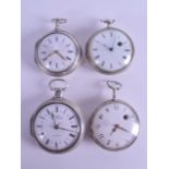 A GROUP OF FOUR 18TH/19TH CENTURY SILVER VERGE POCKET WATCHES each with enamel dial and black