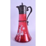 A LATE VICTORIAN CRANBERRY GLASS CLARET JUG painted in the Mary Gregory style with figures. 28 cm