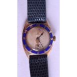 A RARE VINTAGE 9CT GOLD AND ENAMEL OMEGA WRISTWATCH with highly unusual blue enamelled decoration to