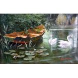 AUC KUNZ (European), framed oil on canvas, signed, swans in a lily pond. 14 cm x 22 cm.