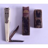 A RARE VICTORIAN RODGERS AND CUTLERS CASED QUILL CUTTER with ivory handle. 9.25 cm long.