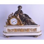 A LARGE 19TH CENTURY FRENCH BRONZE ORMOLU AND WHITE MARBLE MANTEL CLOCK modelled as a classical