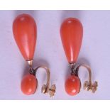 A GOOD PAIR OF VICTORIAN RED CORAL AND GOLD DROP EARRINGS. Coral drops 2 cm long.