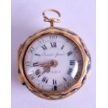 A FINE LATE 18TH CENTURY 18CT GOLD AND ENAMEL VERGE POCKET WATCH by Isaac Soret, the reverse painted
