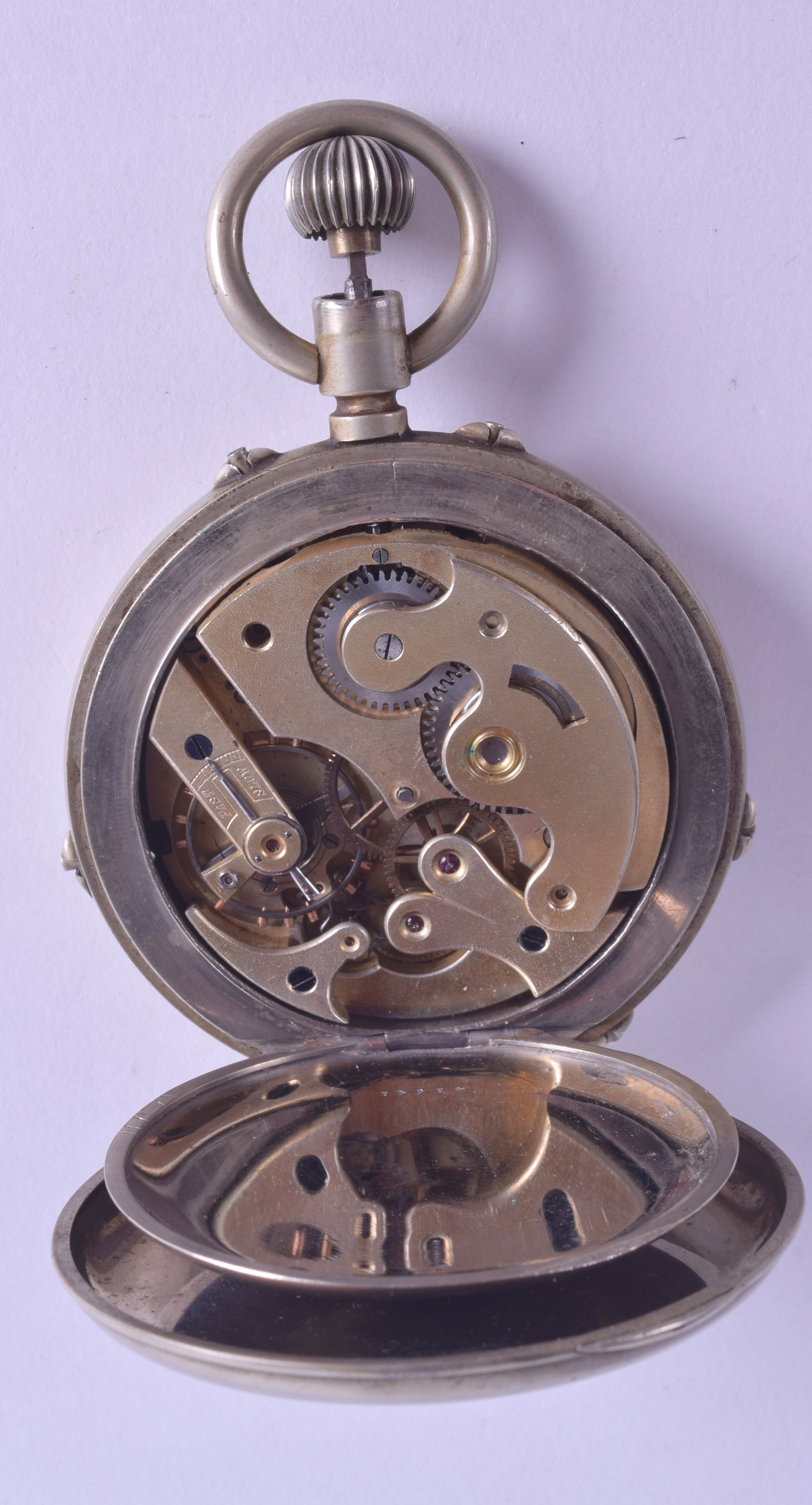 AN ANTIQUE TRAVELLING CHRONOMETER POCKET WATCH with moon aperture. 7 cm diameter. - Image 2 of 2