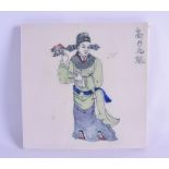 AN UNUSUAL EARLY 20TH CENTURY CHINESE SQUARE FORM TILE painted with a single figure holding a floral