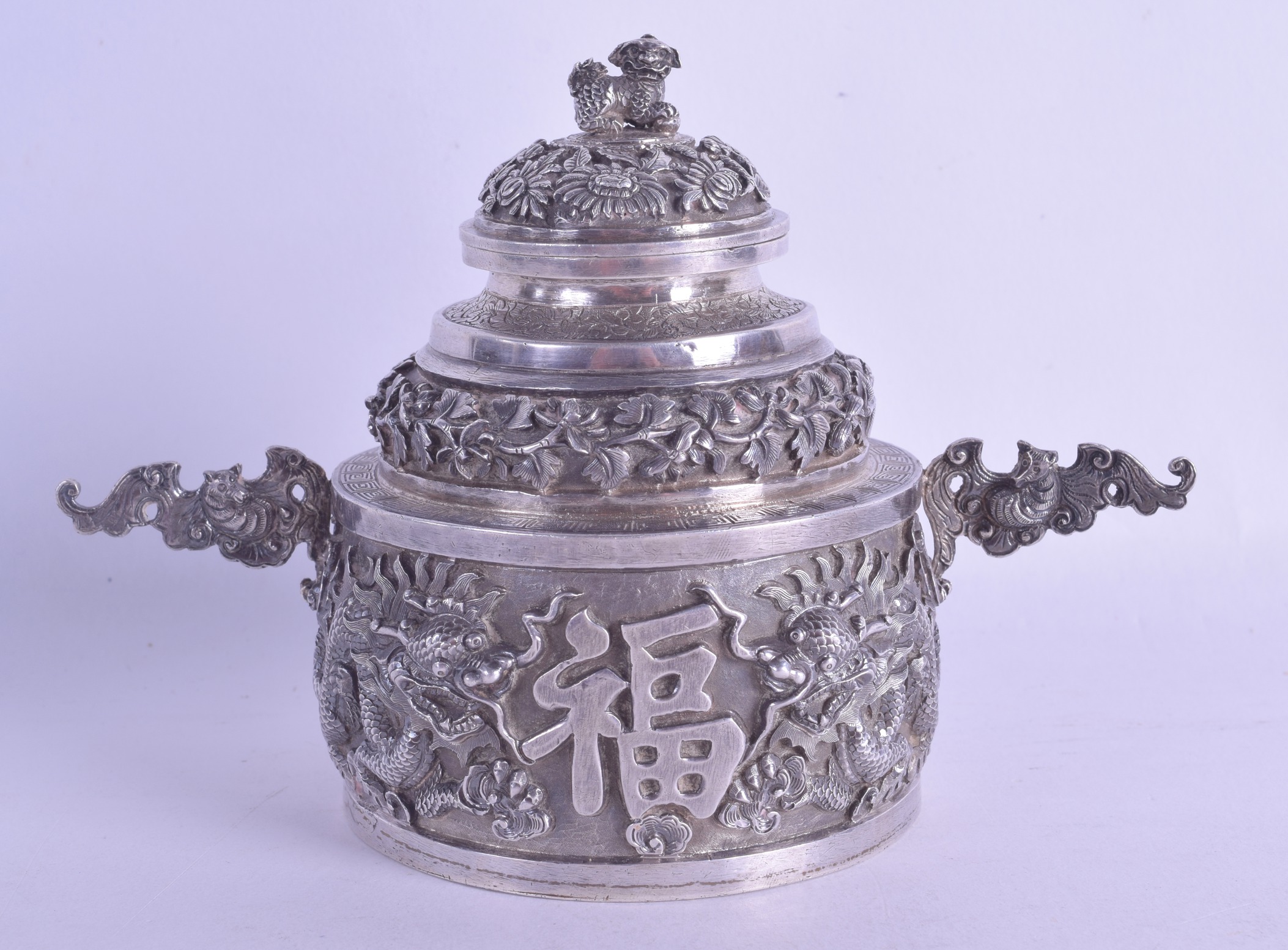 A RARE 19TH CENTURY CHINESE EXPORT SILVER TWIN HANDLED CENSER AND COVER decorated in relief with