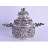 A RARE 19TH CENTURY CHINESE EXPORT SILVER TWIN HANDLED CENSER AND COVER decorated in relief with