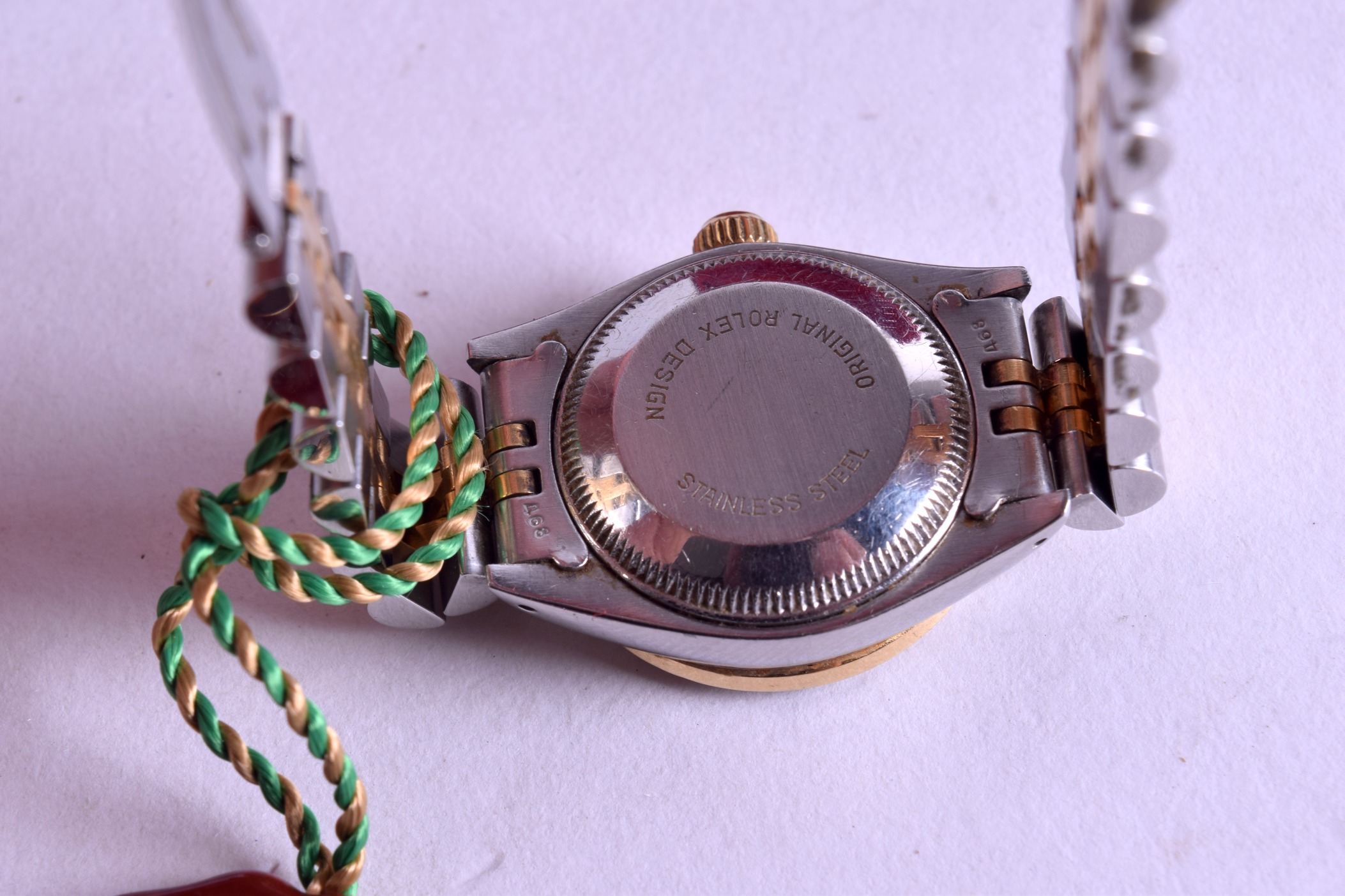 A LADIES GOLD STEEL AND DIAMOND ROLEX WRISTWATCH with original box and papers. Dial 2.5 cm - Image 3 of 3
