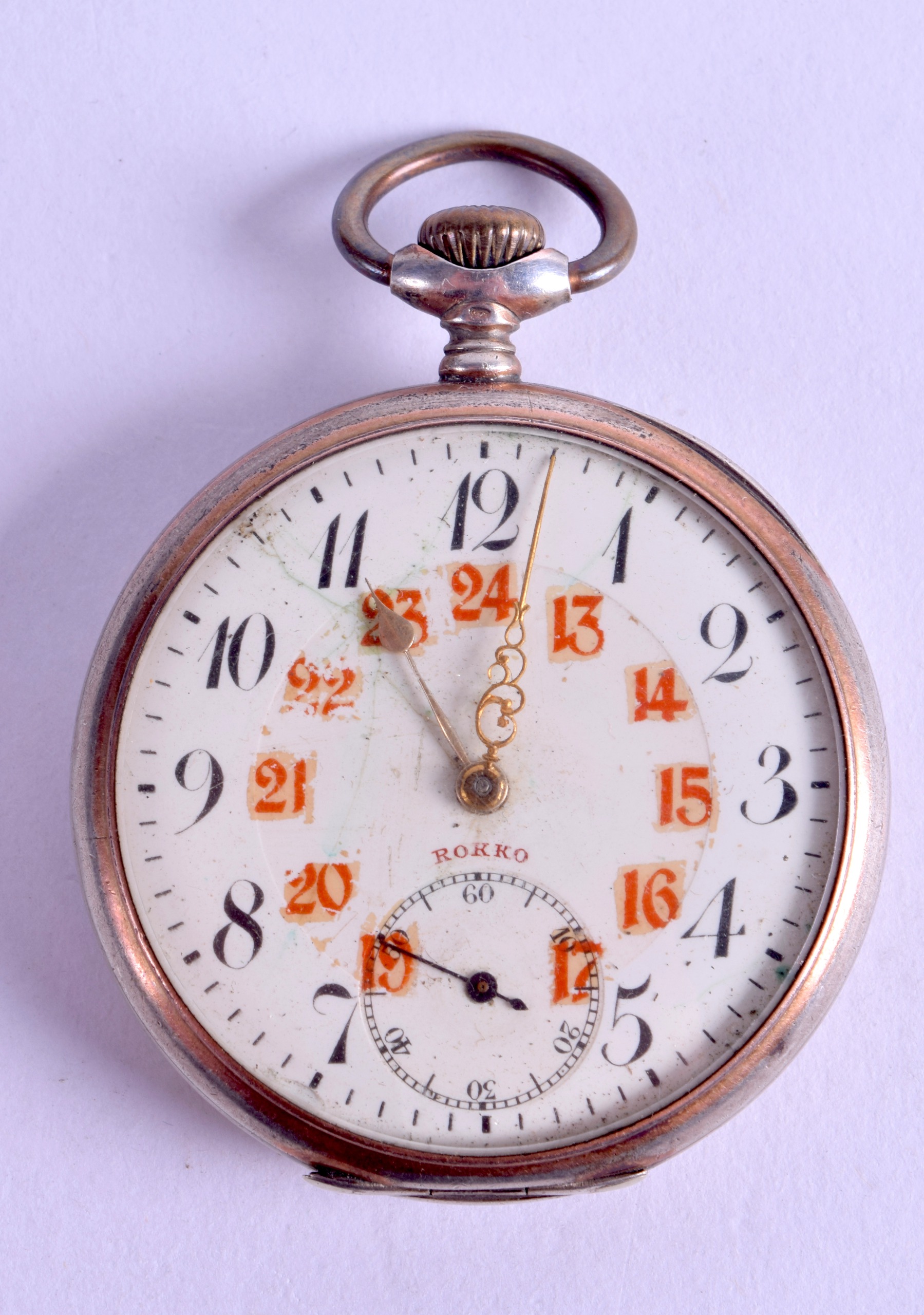 A LATE 19TH CENTURY CONTINENTAL SILVER POCKET WATCH with cream dial and internal red numerals. 4.