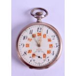 A LATE 19TH CENTURY CONTINENTAL SILVER POCKET WATCH with cream dial and internal red numerals. 4.