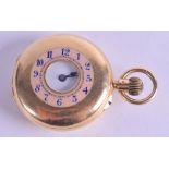 A FINE ANTIQUE 18CT YELLOW GOLD HALF HUNTER WATCH with unusual pink and blue enamel decoration to
