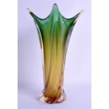 A RETRO ITALIAN MURANO GREEN AND AMBER GLASS FLUTED VASE. 32 cm high.