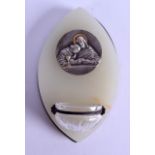 AN UNUSUAL EARLY 20TH CENTURY FRENCH ONYX MINIATURE FONT inset with a silvered medallion depicting a