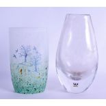 A SWEDISH KOSTA BODA ART GLASS ENAMELLED VASE together with another Kosta vase. 15 cm & 18 cm