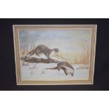 DUVALL MARSHALL (British), framed oil on board, signed, two otters in a winter landscape. 29 cm x 39