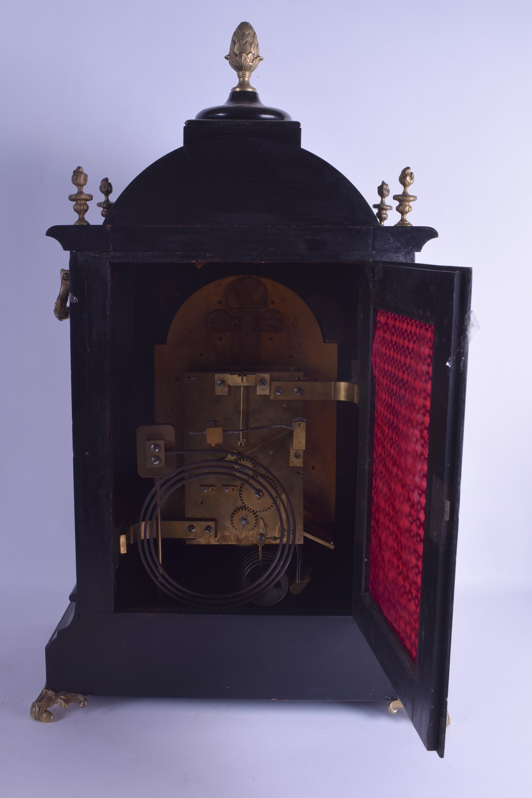 A VERY LARGE 19TH CENTURY EBONISED WESTMINSTER CHIMING BRACKET CLOCK with brass mounts, supported - Bild 2 aus 10