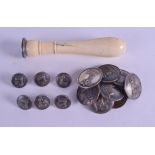 A GEORGE III CARVED IVORY HANDLED SEAL together with various military buttons etc. (qty)