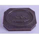 A GOOD EARLY CARVED BAKELITE CASED DAGUERREOTYPE decorated with two horses within a landscape. 12.