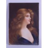 A LATE 19TH CENTURY VIENNA PORCELAIN PLAQUE painted with a female wearing a blue gown. 13 cm x 18.