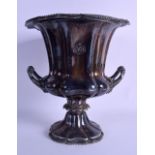 A VICTORIAN TWIN HANDLED SILVER PLATED PRESENTATION URN AND COVER inscribed 'Cambridge University