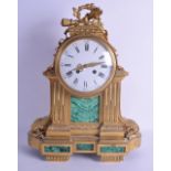 A FINE MID 19TH CENTURY FRENCH ORMOLU AND MALACHITE MANTEL CLOCK overlaid with wreaths and
