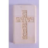 A 19TH CENTURY CHINESE CANTON CARVED IVORY CARD CASE decorated with figures within a crucifix. 5.5