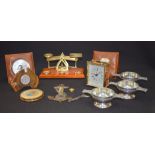 A SET OF BRASS WEIGHING SCALES, together with various travel clocks. (qty)