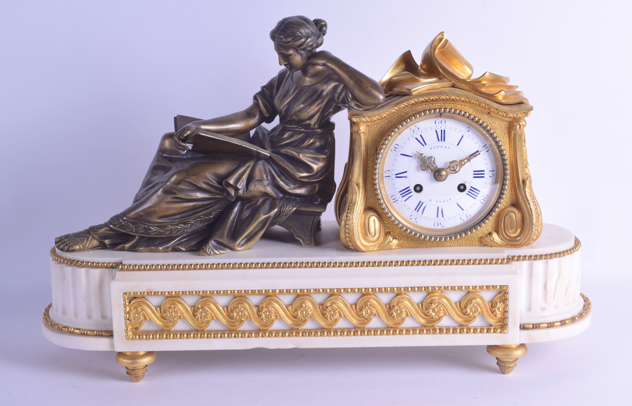 A LARGE MID 19TH CENTURY FRENCH ORMOLU AND WHITE MARBLE MANTEL CLOCK by Viteau of Paris,