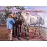 RAYMOND WILSON HAMMELL (British), framed oil on canvas, signed, two horses in a landscape, "The