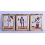 A SET OF THREE 19TH CENTURY INDIAN PAINTED MICA MINERAL PORTRAITS depicting figures in various