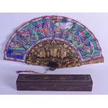 A FINE MID 19TH CENTURY CHINESE EXPORT WATER COLOUR AND BLACK LACQUER FAN within original case,