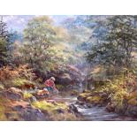 ELEANOR WATT (British), framed oil on canvas, signed, two boys fishing in a stream. 32 cm x 42 cm.