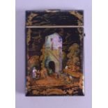 A VICTORIAN PAINTED PAPIER MACHE CARD CASE gilt decorated with landscapes and old towers. 7.5 cm x