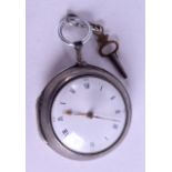 AN 18TH CENTURY SILVER CASED VERGE POCKET WATCH with white enamel dial and black numerals. 5 cm