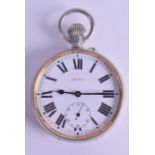 AN ANTIQUE DOXA TRAVELLING DOXA SILVER PLATED POCKET WATCH with black enamelled numerals. 6 cm