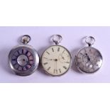 TWO ANTIQUE SILVER POCKET WATCHES together with another larger pocket watch. (3)