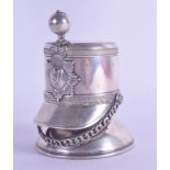 A RARE 19TH CENTURY EUROPEAN SILVER NOVELTY DESK CLOCK in the form of an Irish soldiers hat, the top
