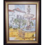 SPANISH SCHOOL (20th Century), framed oil on canvas, signed, fountain in a square.45 cm x 33 cm.