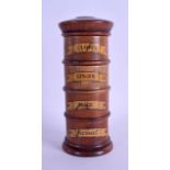 A CONTEMPORARY CARVED WOOD FOUR SECTION TREEN SPICE TOWER. 19 cm high.
