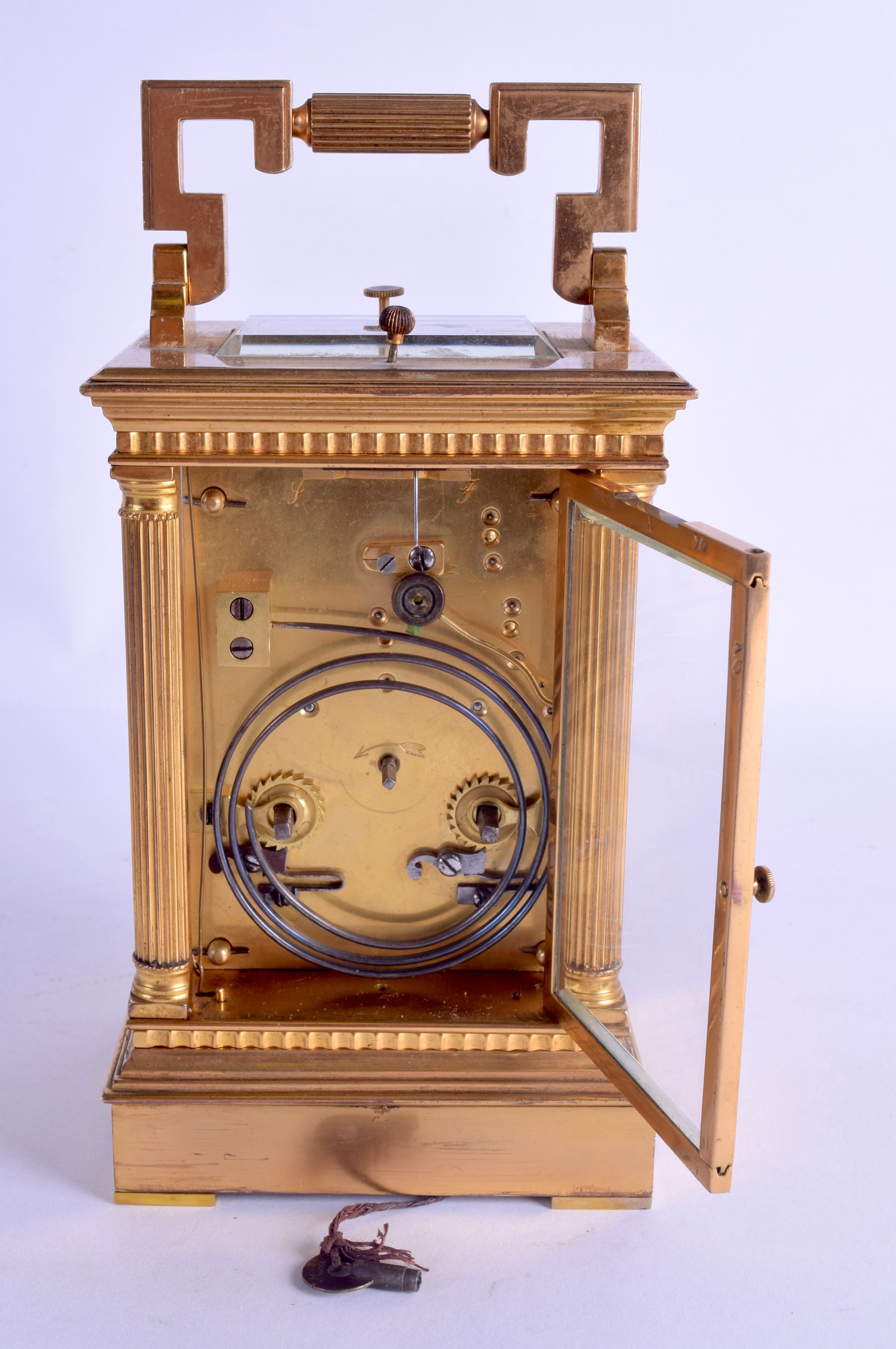 A 19TH CENTURY FRENCH REPEATING MUSICAL CARRIAGE CLOCK with white enamel dial and column supports. - Bild 3 aus 4