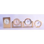FOUR TIFFANY & CO BRASS DESK CLOCKS in various forms and sizes. Largest 13.5 cm x 9 cm. (4)
