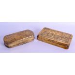 TWO 18TH CENTURY DUTCH BRASS TOBACCO BOXES AND COVER engraved with motifs and figures. 16 cm & 14 cm