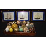 THREE PICTURES DEPICTING SHIPS, together with assorted hardstone objects. (qty)