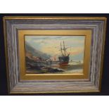 BRITISH SCHOOL (Early 20th Century), framed oil on canvas, a boat on a beach. 17 cm x 24 cm.