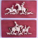 AN UNUSUAL PAIR OF EARLY 20TH CENTURY IMITATION IVORY PLAQUES depicting hunting scenes. 27 cm x 14