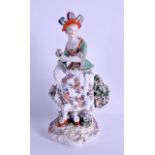 18th c. Derby figure of a woman with a feathered hat holding her dress. 19 cm high.